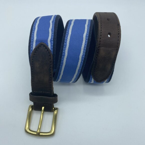 Vineyard Vines Blue White Striped Cotton Canvas Belt w/ Leather Tabs Men's 30 - Picture 1 of 13